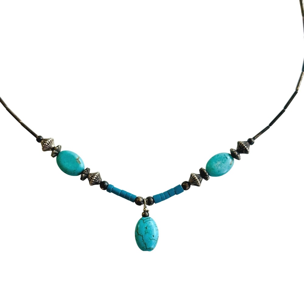 VTG Necklace Native American Heishi Turquoise Blue Sponge Coral‎ Liquid Silver